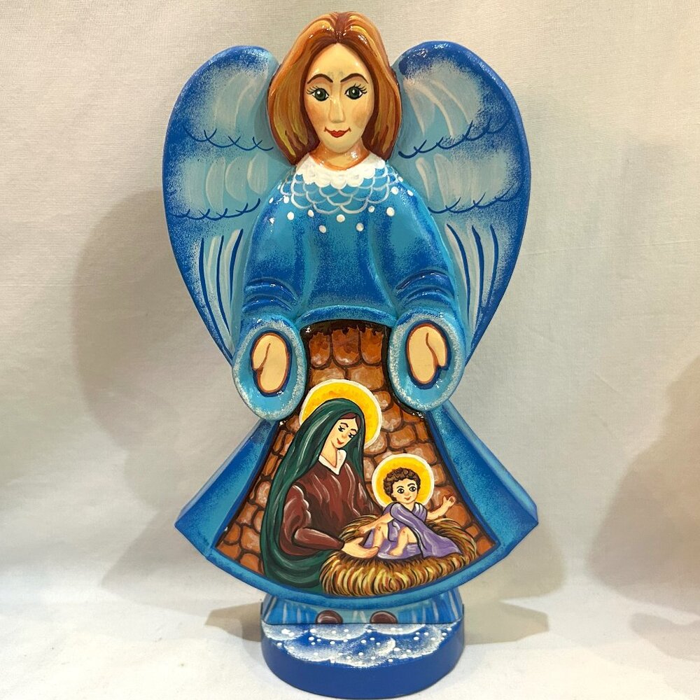 BestPysanky Angle over Nativity Scene Ukraine Hand Carved Painted Wood Figurine